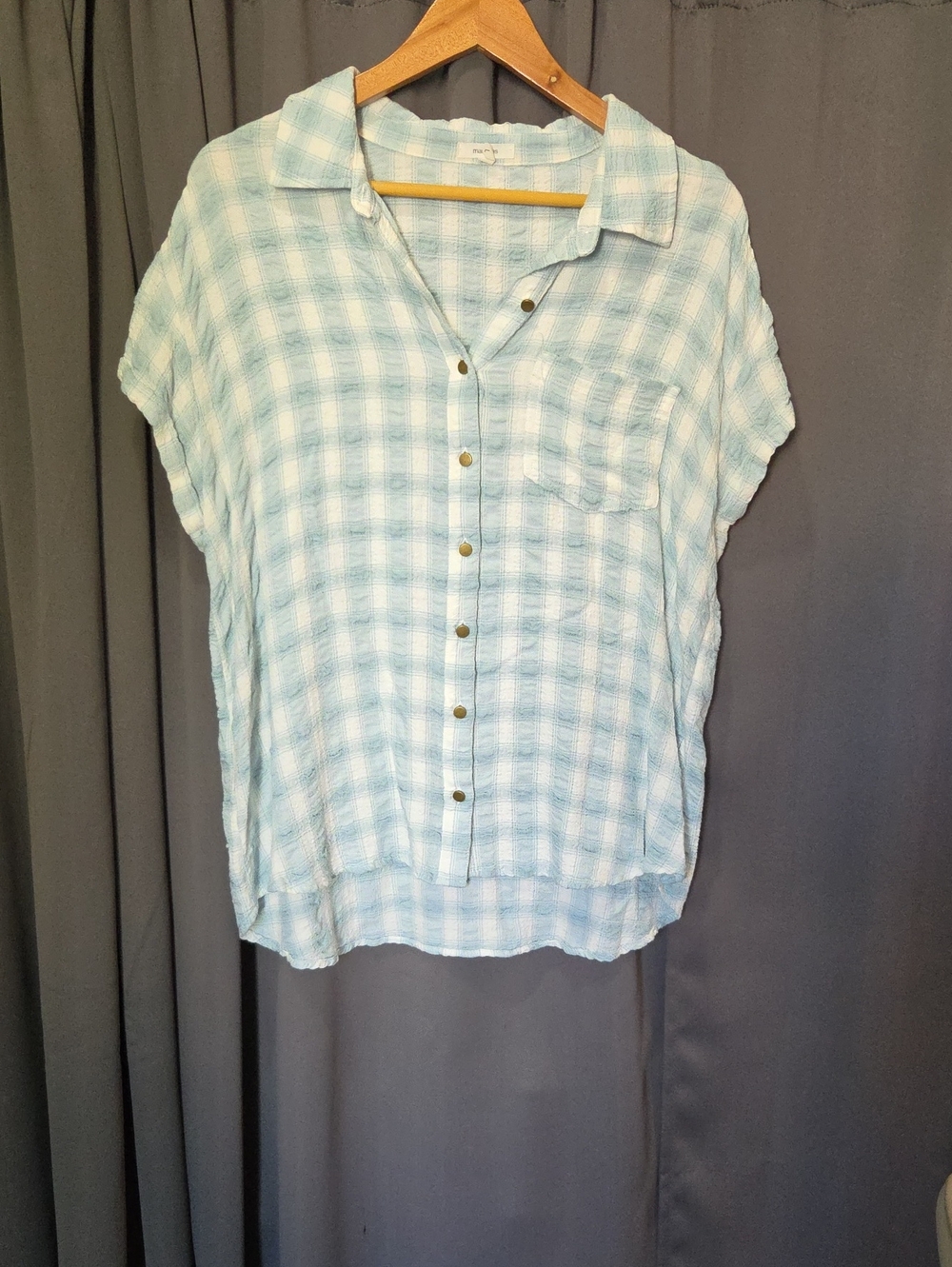 Light Blue Plaid Button-Front Short Sleeve Shirt